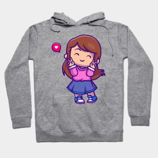 Cute Girl With Peace Sign Cartoon Hoodie